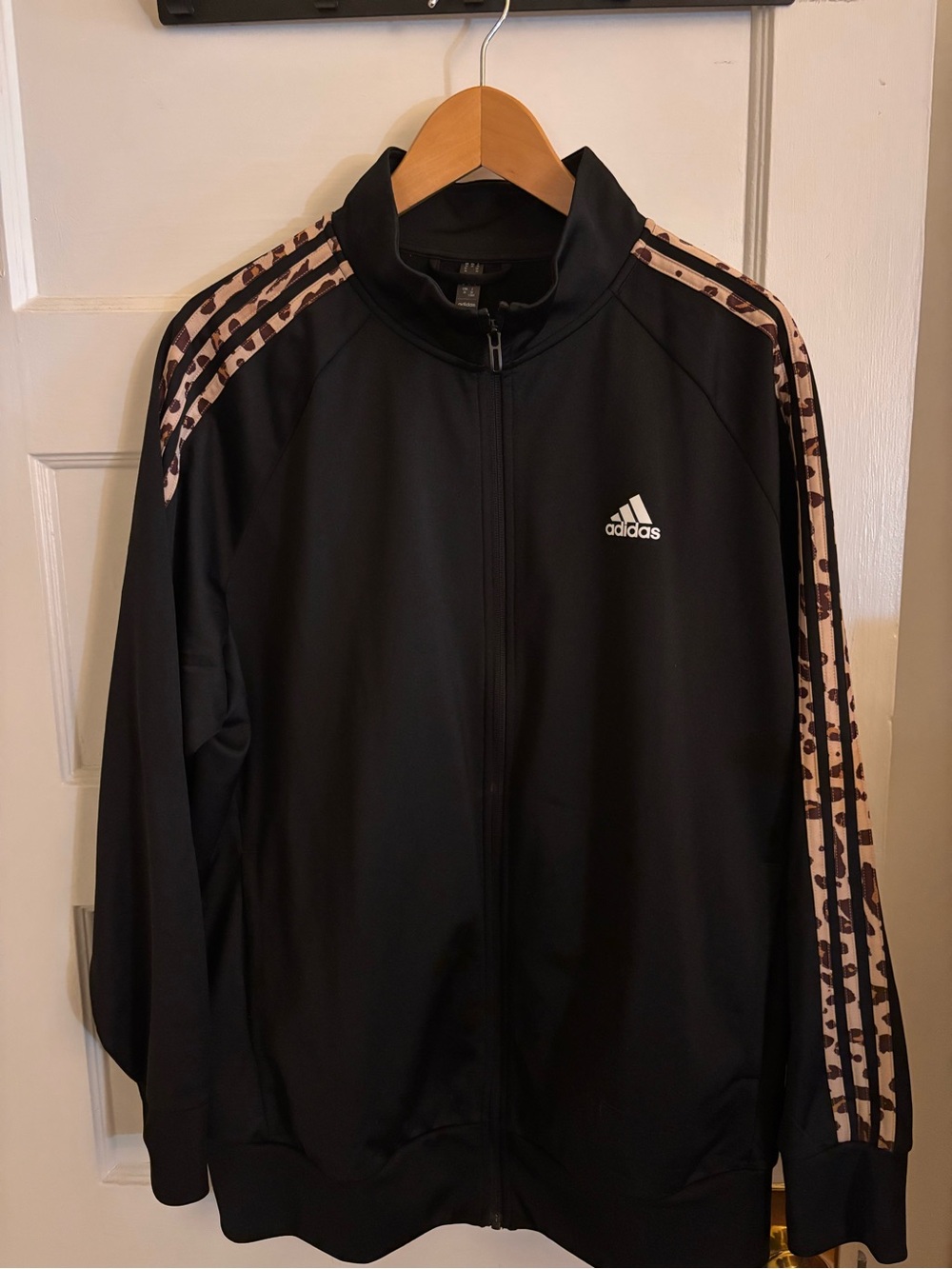 adidas Black Track Jacket with Leopard-Print Shoulder Stripes